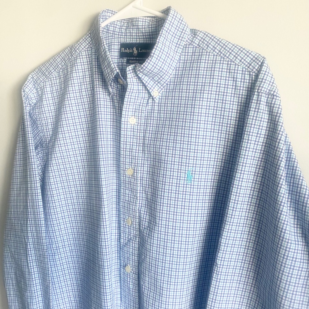 Ralph Lauren Classic Fit Blue Windowpane Long Sleeve Button Down Casual Shirt LG
